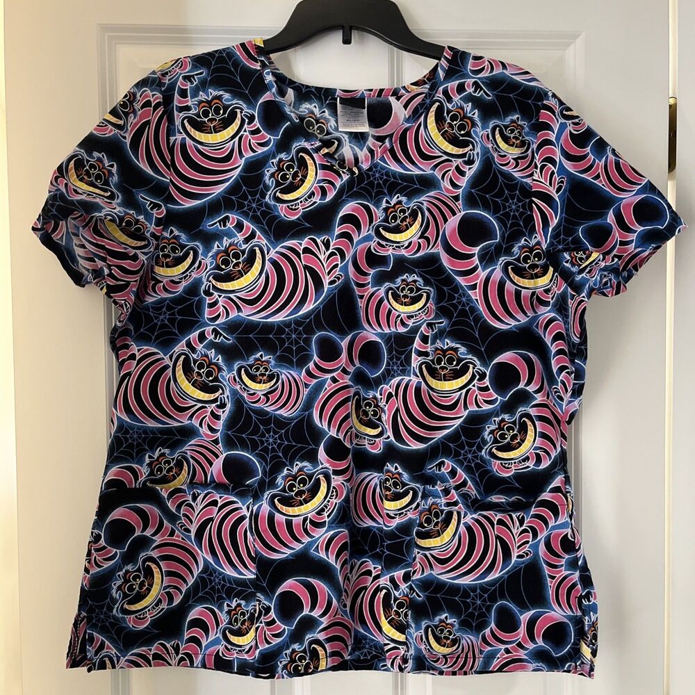 Disney Cheshire Cat Scrub Top Women’s XL Halloween Alice in Wonderland Cotton